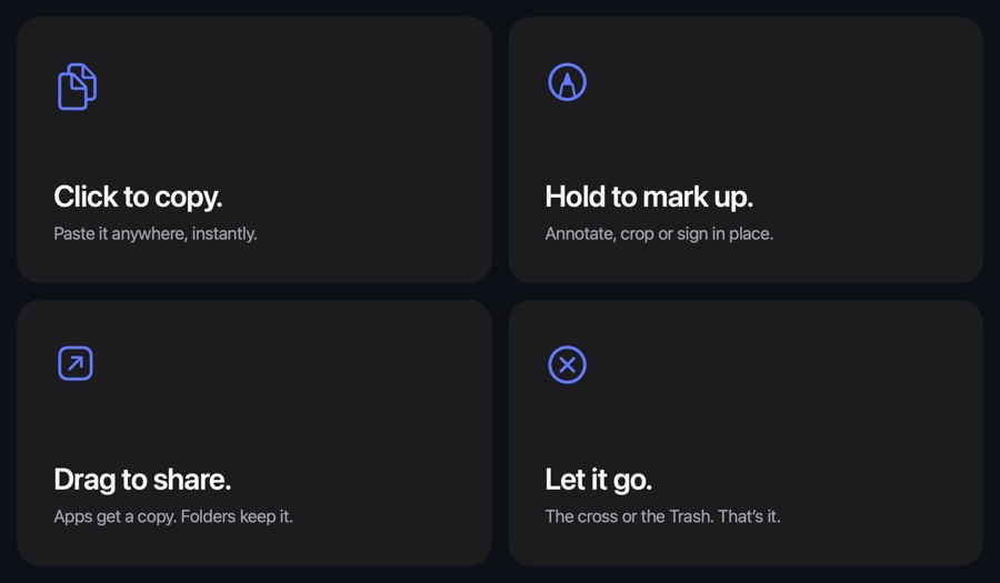 Click to copy, hold to mark up, drag to share, let it go, dark