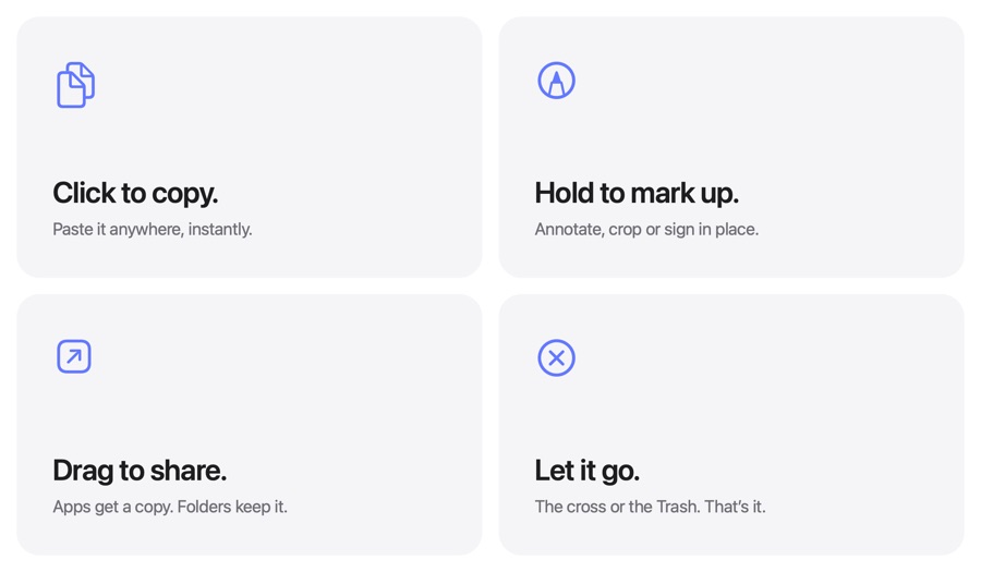 Click to copy, hold to mark up, drag to share, let it go, light