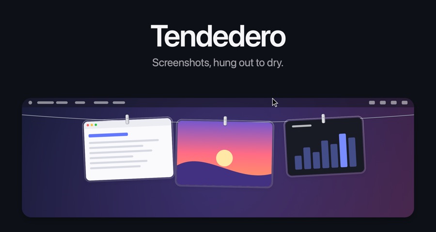 Three screenshots hang from a line under the menu bar, dark