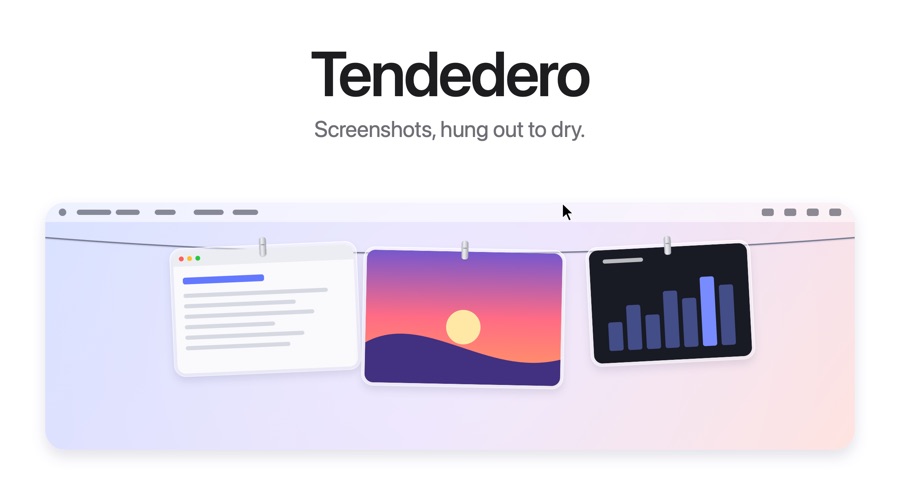 Three screenshots hang from a line under the menu bar, light